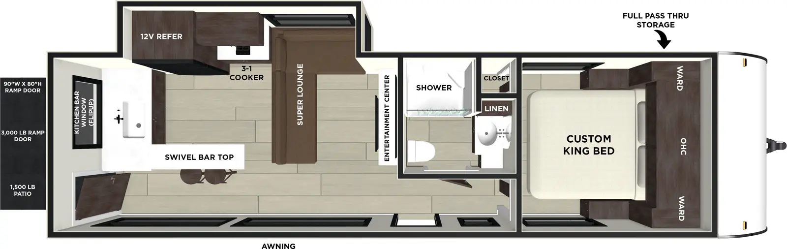 The Wildwood FSX 269VC floorplan is a toy hauler that has one entry and one slide out. Exterior features include: fiberglass exterior. Interiors features include: front bedroom.